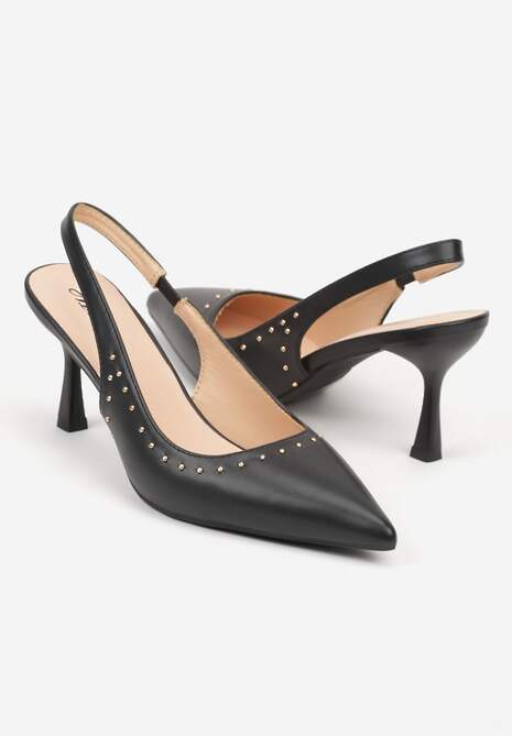 Czarne Sandały Slingback na Szpilce z Aplikacją z Nitami Sewluna