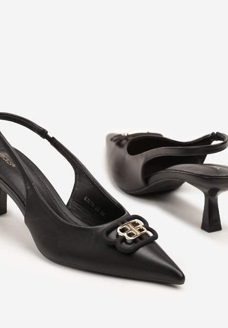 Czarne Czółenka Sandały Vices na Kaczuszce Typu Slingback Ozdobione Metaliczną Aplikacją Lilarunea