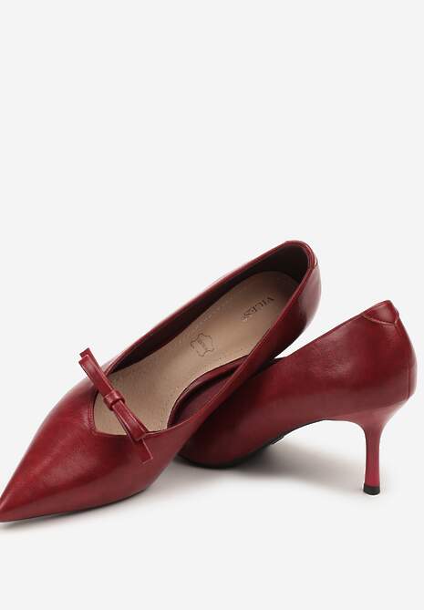 Bordowe Czółenka na Szpilce Vices z Kokardą i Wkładką ze Skóry Naturalnej Rilanisse
