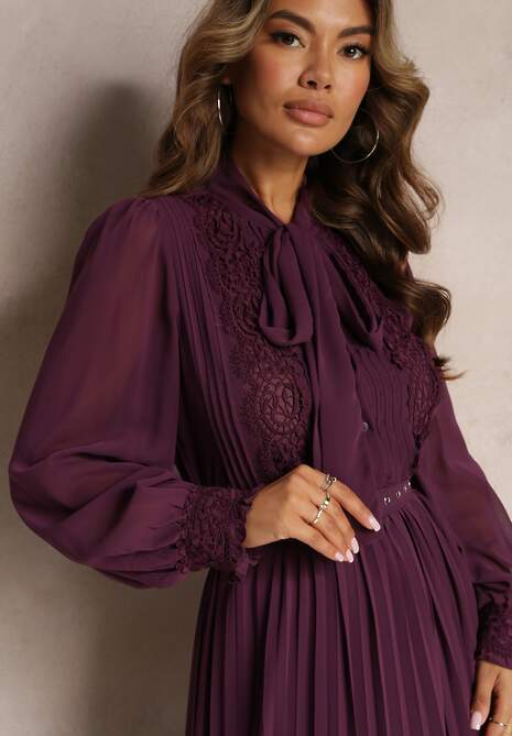 Ciemnofioletowa Plisowana Sukienka Maxi z Koronką i Paskiem Venila