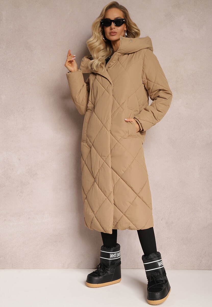 Ciemnobeżowa Pikowana Kurtka Płaszcz za Kolano z Kapturem Kinassan
