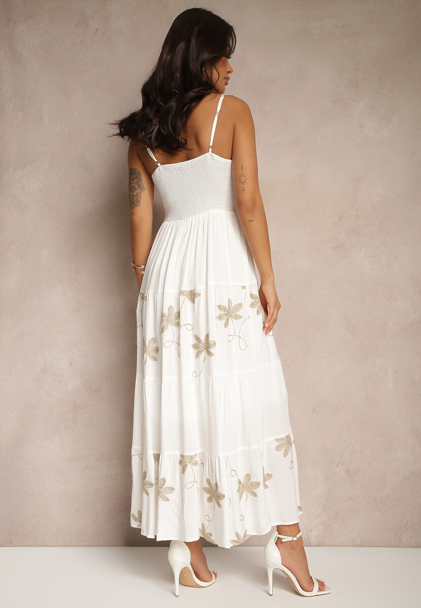 Biała Rozkloszowana Sukienka z Wiskozy z Haftowanym Motywem na Ramiączkach Telilia