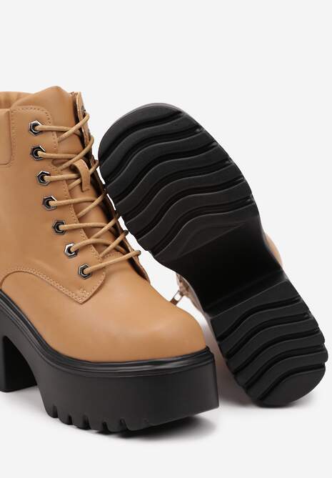 Jasnobrązowe Botki na Platformie z Obcasem ze Sznurowaną Cholewką Omelea