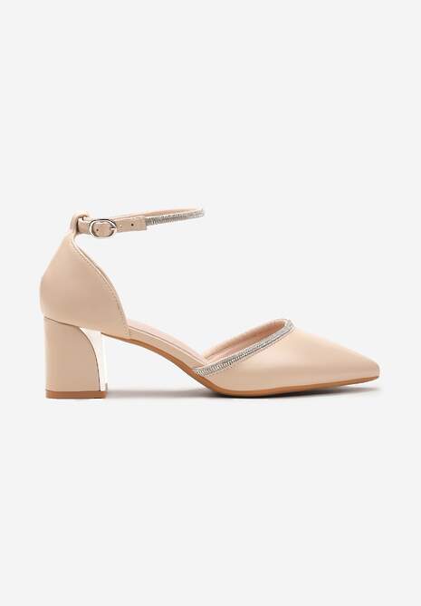 Beżowe Czółenka na Słupku Ozdobione Cyrkoniami ze Skórzaną Wkładką Kaldia