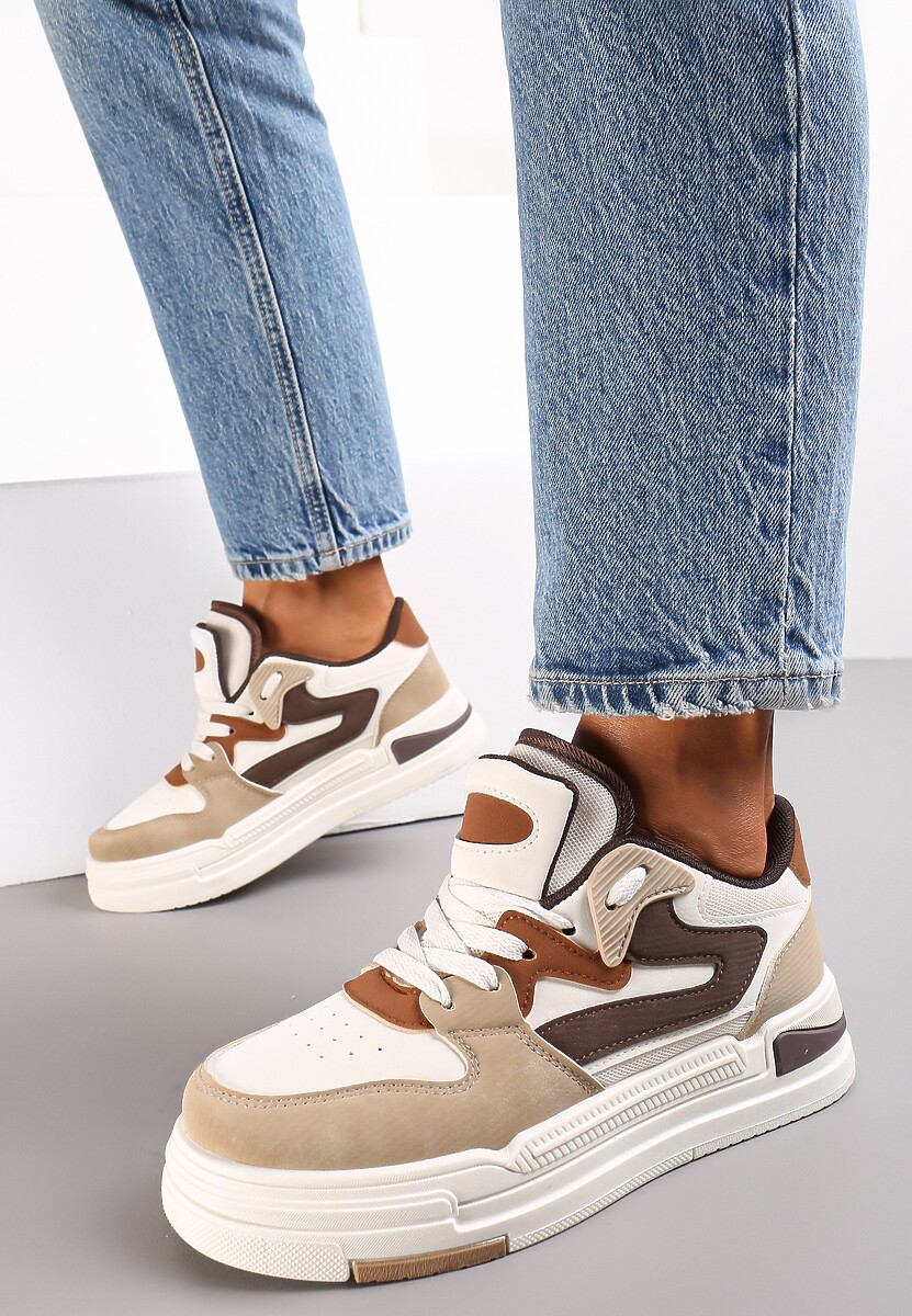 Ciemnobeżowe Sneakersy Ozdobione Wstawkami i Perforacją z Imitacji Skóry Cressia