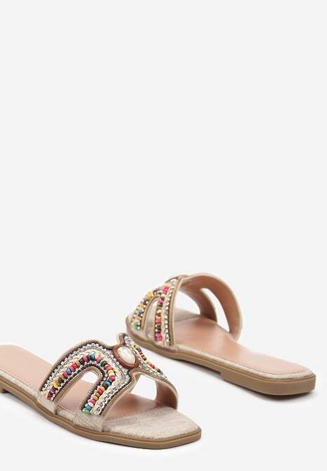Ciemnobeżowe Klapki w Stylu Boho z Ozdobnymi Kamieniami i Plecionką Dimly