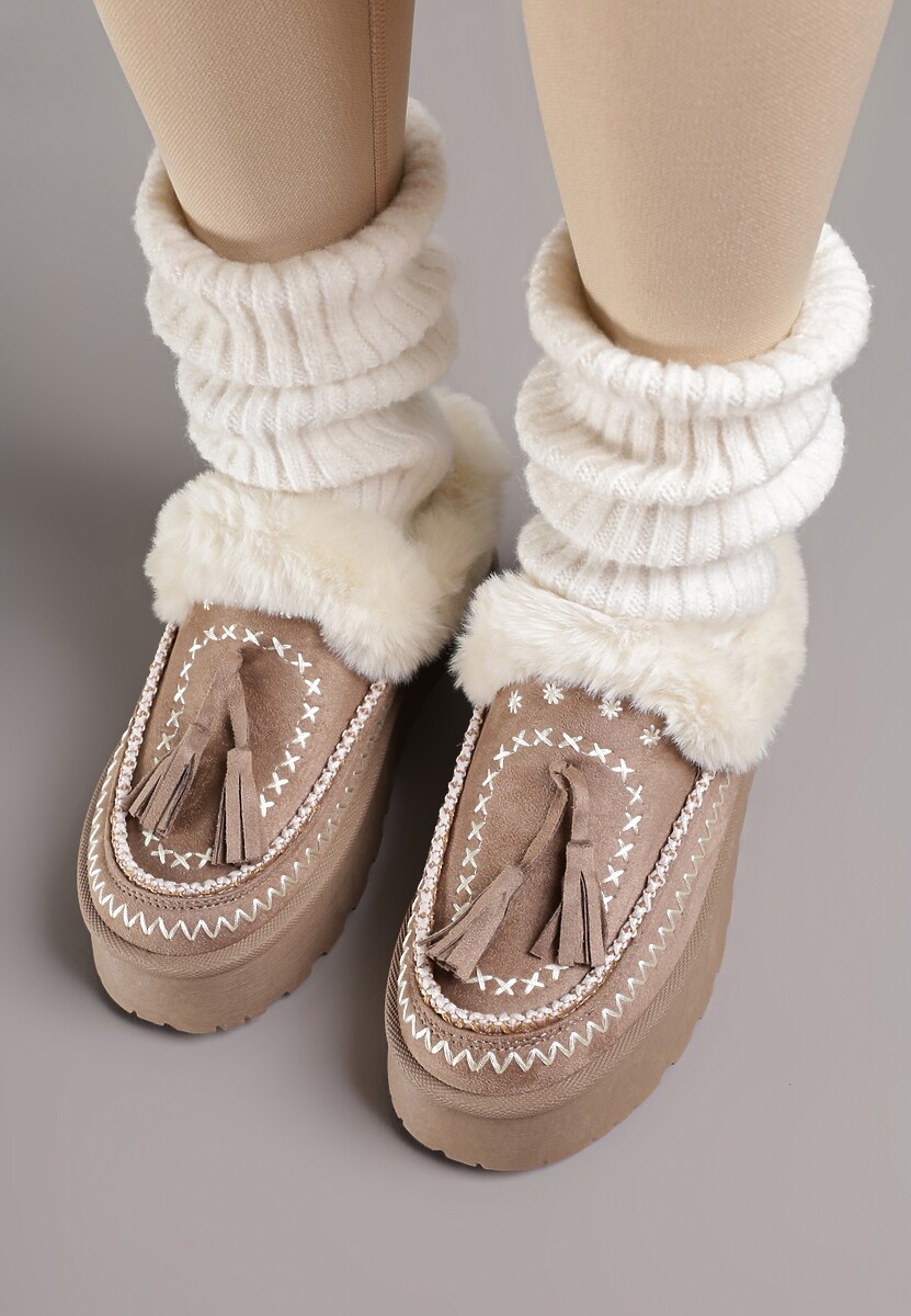 Ciemnobeżowe Śniegowce na Platformie Ozdobione Frędzlami i Haftem Ezivelle