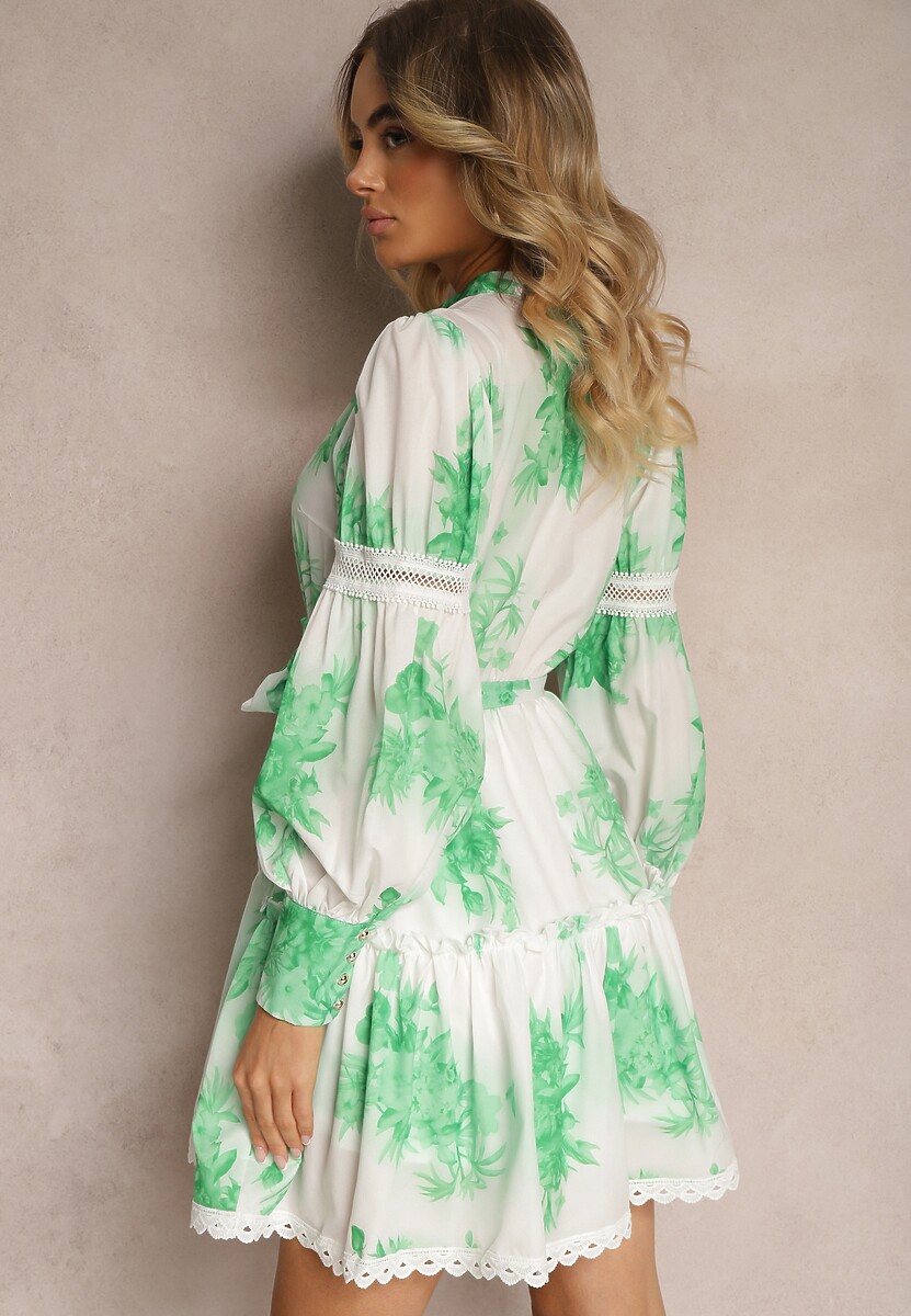 Zielona Rozkloszowana Sukienka Mini z Gumką w Talii i Kokardkami Leenona