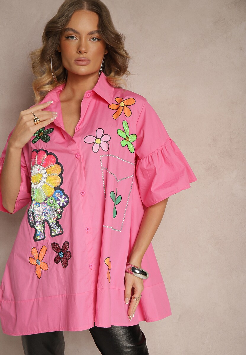 Różowa Koszula Długa z Rękawami 3/4 Zapinana na Guziki z Ozdobnymi Naszywkami Vieva
