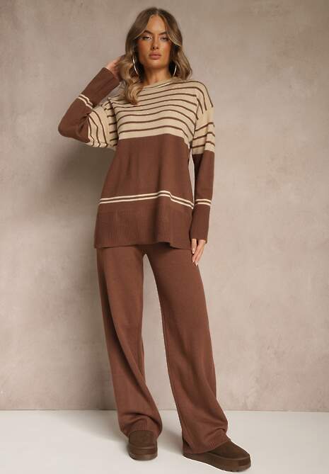Brązowy Komplet z Dzianiny z Wełną Pasiasty Sweter i Spodnie Ralleia