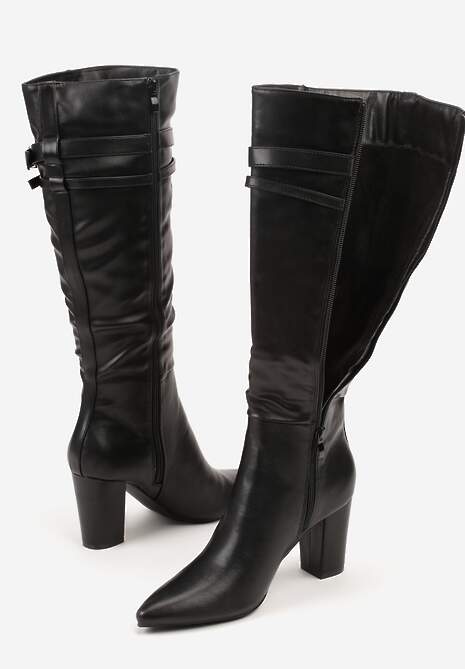 Czarne Kozaki do Kolan na Słupkowym Obcasie ze Sprzączkami na Paskach Miobela