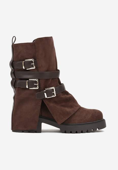 Brązowe Botki Bikery Ozdobione Klamrami i Wywiniętą Cholewką Seride