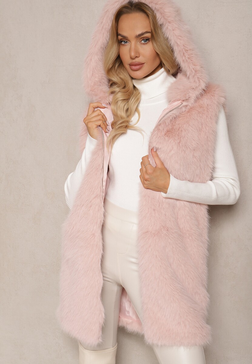 Beżowa Kamizelka z Futerkiem i Kapturem o Prostym Kroju Sinavira