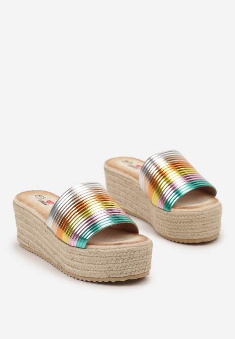 Beżowo-Zielone Klapki na Koturnie i Platformie z Plecionki z Paskiem z Ekoskóry Silphina