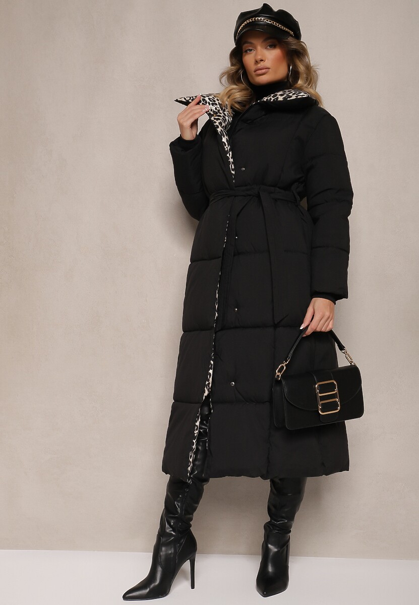 Czarno-Beżowa Długa Kurtka z Pikowanymi Przeszyciami i Kołnierzem w Panterkę Wiązana w Talii Tilfezi