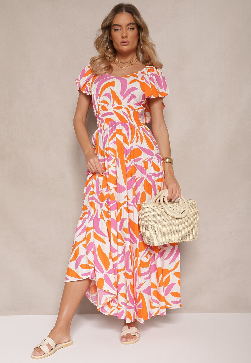 Pomarańczowa Rozkloszowana Sukienka z Wiskozy w Geometryczny Wzór Anisoria