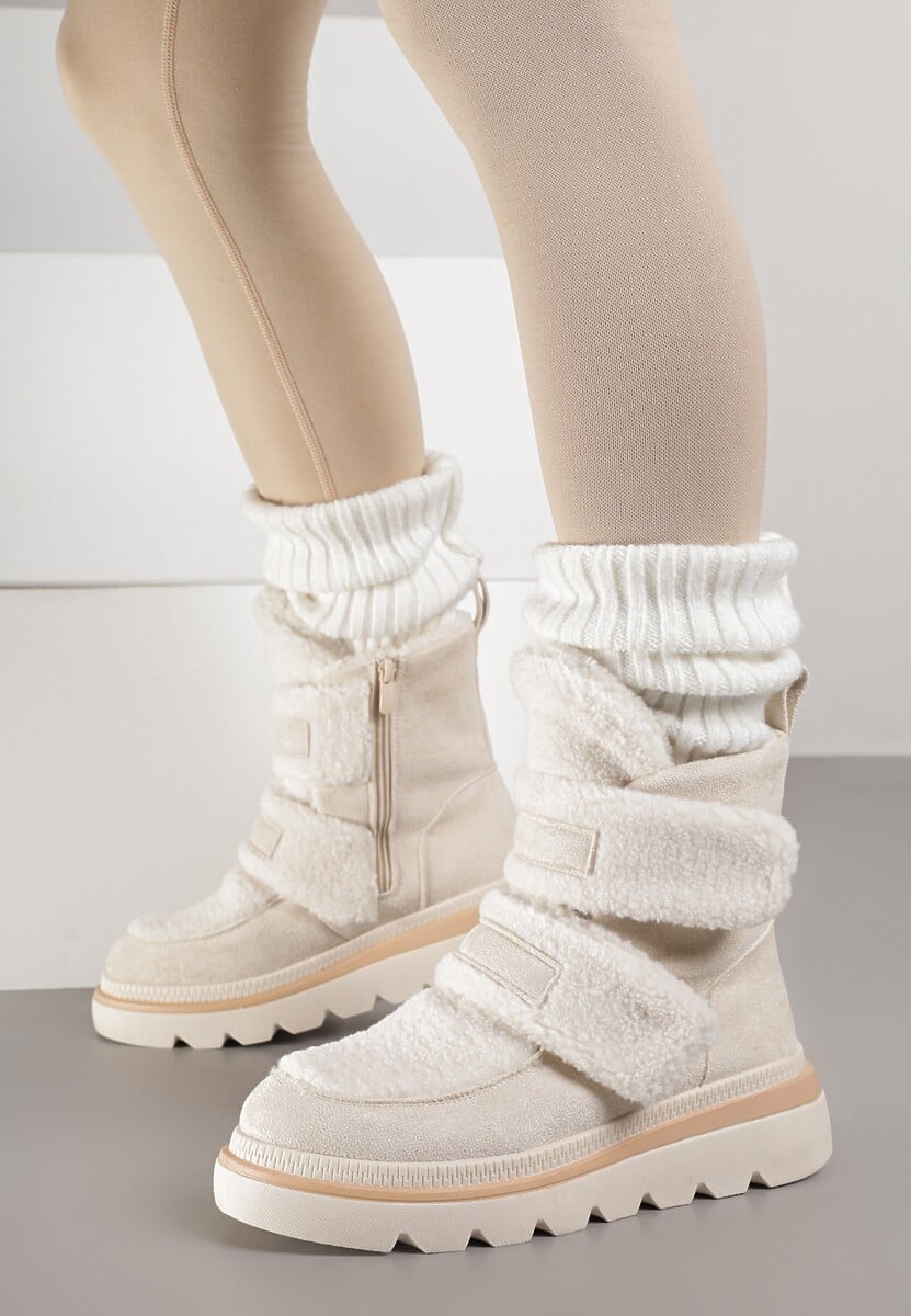 Beżowe Botki Typu Śniegowce na Platformie z Dwoma Ozdobnymi Rzepami Edarlia