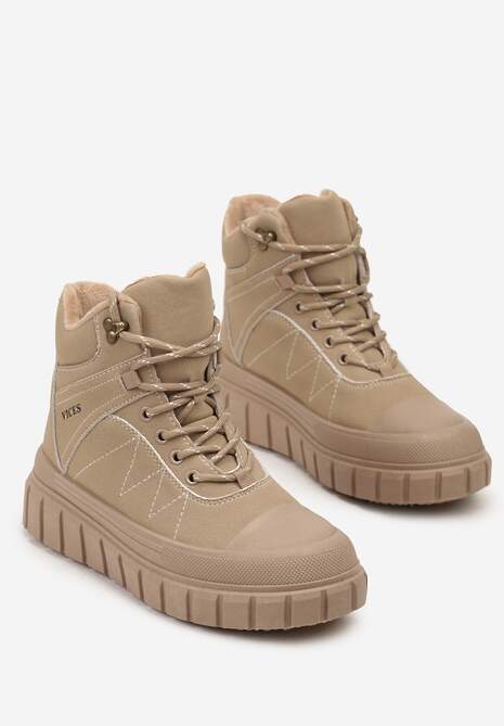 Ciemnobeżowe Botki Trapery Vices na Platformie z Tłoczeniem Ozdobione Przeszyciami Amirrise