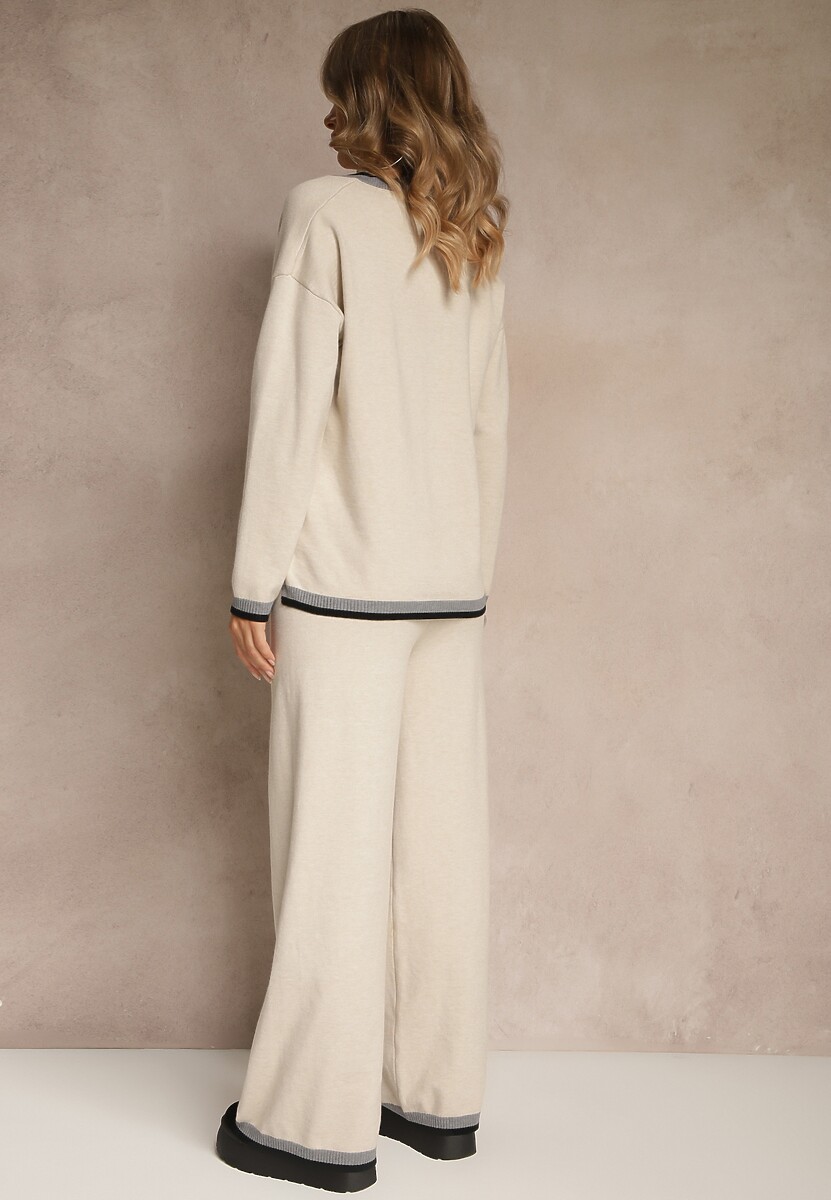 Jasnobeżowy Komplet Dzianinowy Sweter i Spodnie Wide Leg z Ozdobną Lamówką Ralenia