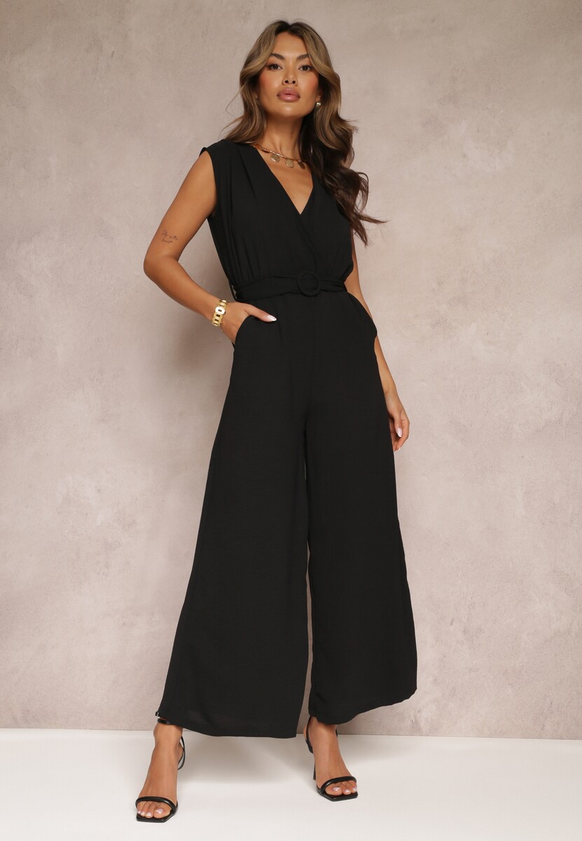 Zielony Długi Kombinezon z Kopertowym Dekoltem i Paskiem Violettsa