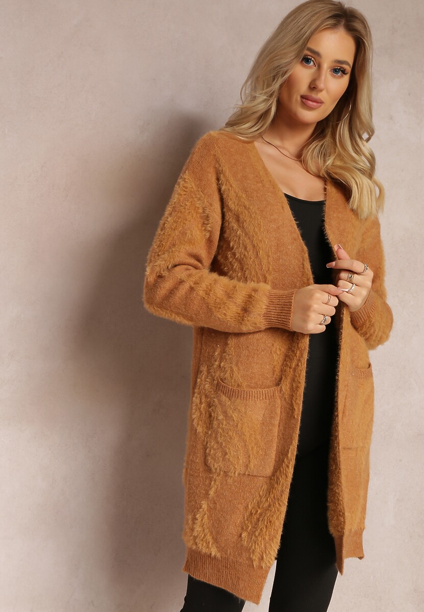 Ciemnobeżowy Luźny Kardigan Niezapinany z Dłuższym Włosiem Karsta