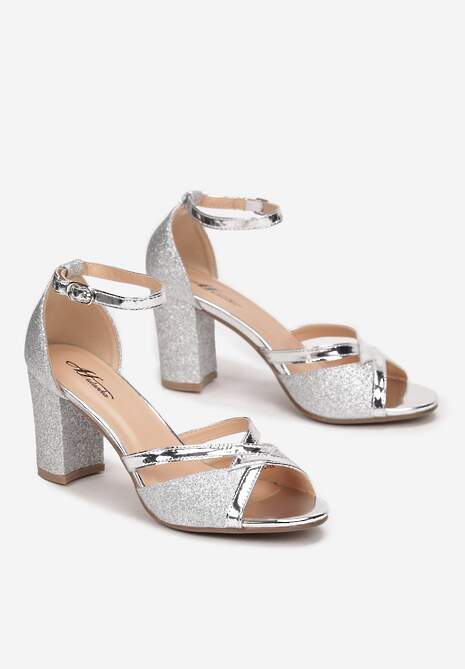 Srebrne Sandały Brokatowe na Słupku Layo