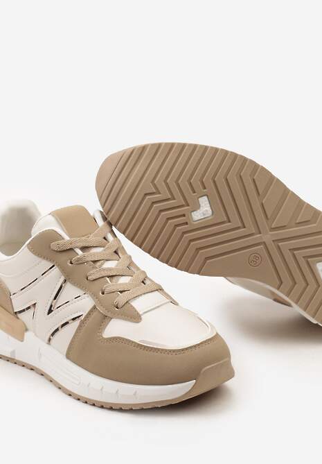 Ciemnobeżowe Płaskie Sneakersy ze Sznurowaniem z Metalicznymi Wstawkami Remarie