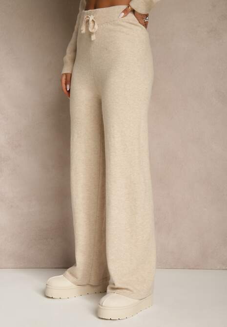 Beżowy Komplet z Wełną i Bawełną Szerokie Spodnie i Sweter o Długim Kroju Reilissa