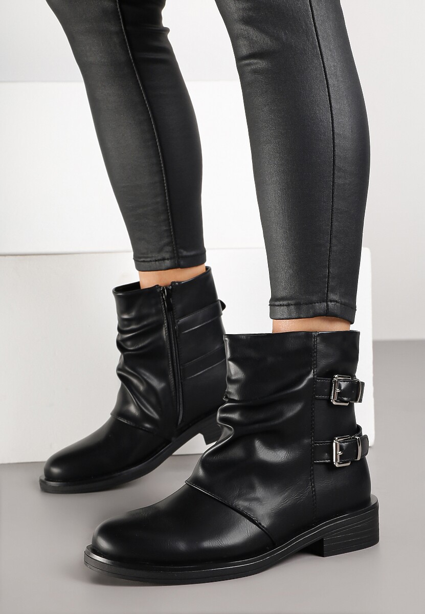 Czarne Botki Typu Biker Boots ze Sprzączkami Tulianelle