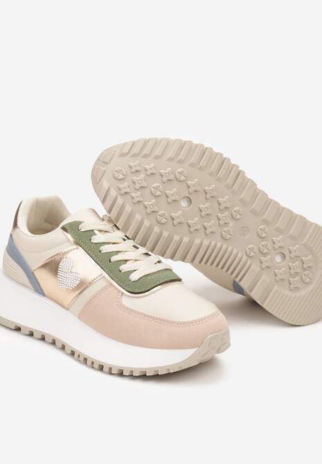 Beżowo-Różowe Sneakersy z Naszywką Serduszka i Piankową Platformą Timera