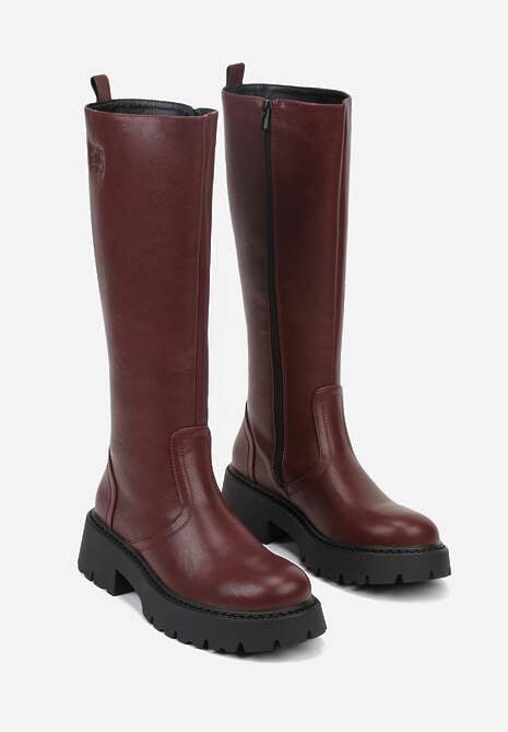 Bordowe Kozaki VICES na Platformie z Tłoczonym Zdobieniem przy Cholewce Uniresa