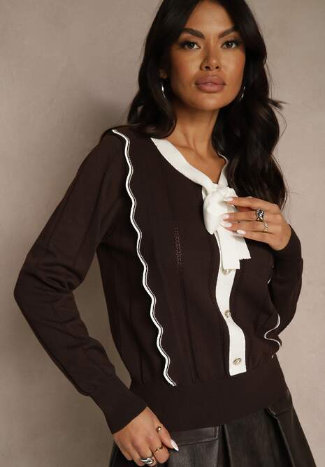 Brązowy Sweter z Wiskozą z Ozdobnymi Guzikami i Kokardą w Stylu Retro Miaraine