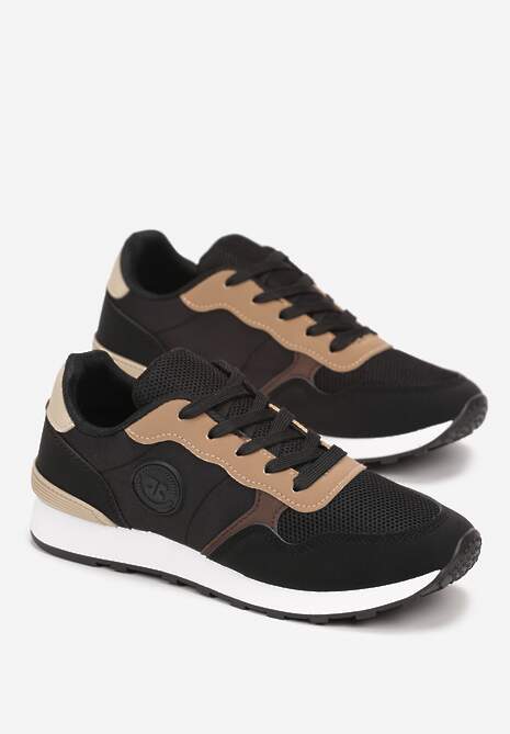 Czarne Sneakersy ze Sznurowaniem na Płaskiej Podeszwie Apotasia