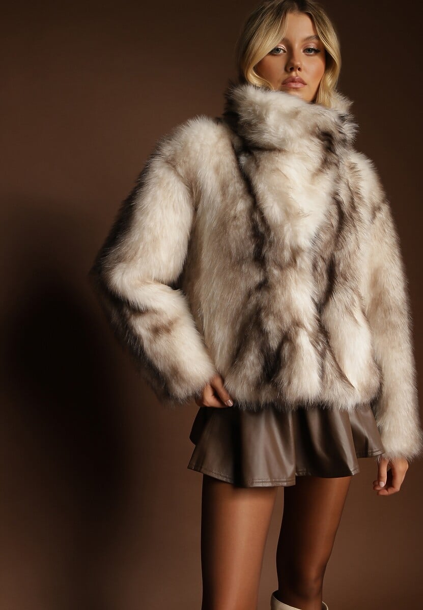 Beżowa Kurtka Futerko z Ozdobnym Kołnierzem Fitene