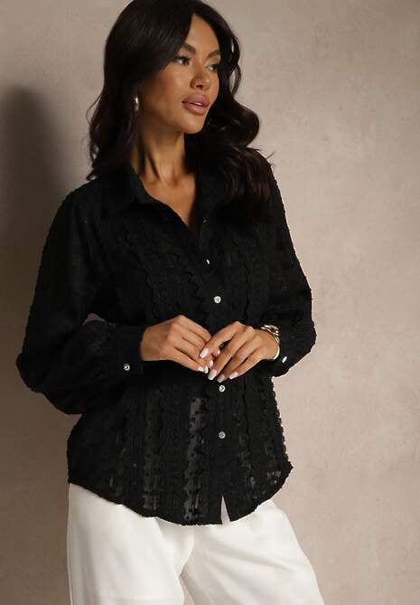 Czarna Koszula z Transparentnej Tkaniny z Koronką i Metalicznymi Przeszyciami Sepuria
