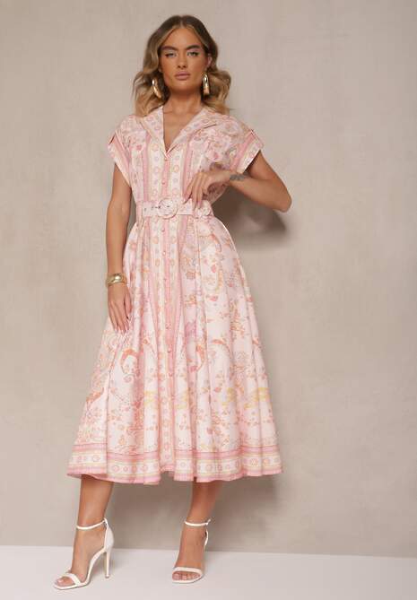Różowa Sukienka z Lnu i Wiskozy o Koszulowym Kroju z Paskiem z Klamrą Aluvanna