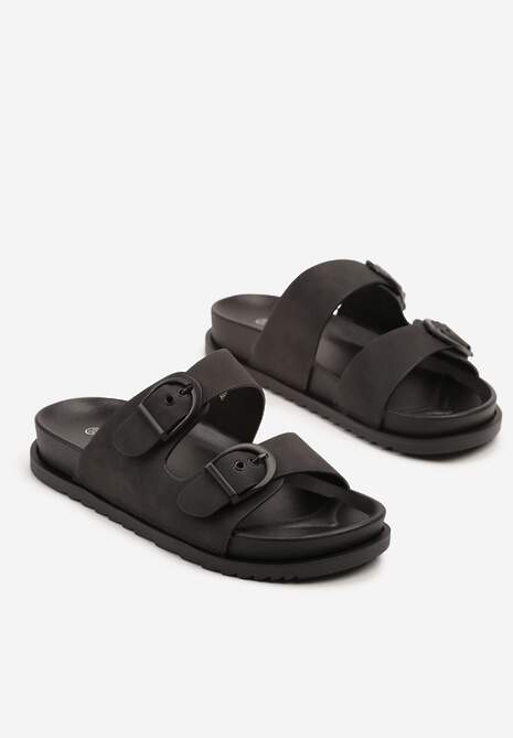 Czarne Klapki Ozdobione Klamrami i Dwoma Paskami Galzeri