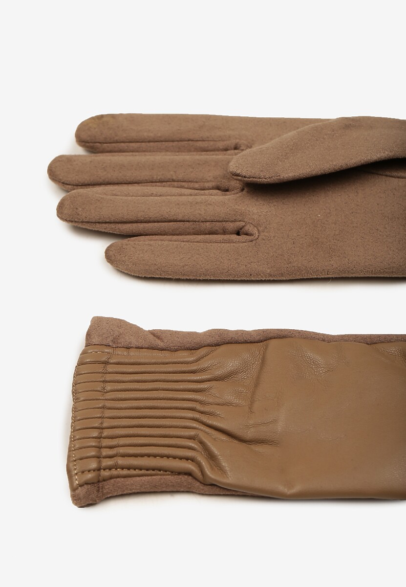Ciemnobeżowe Rękawiczki z Marszczonym Wzorem Lynlemi
