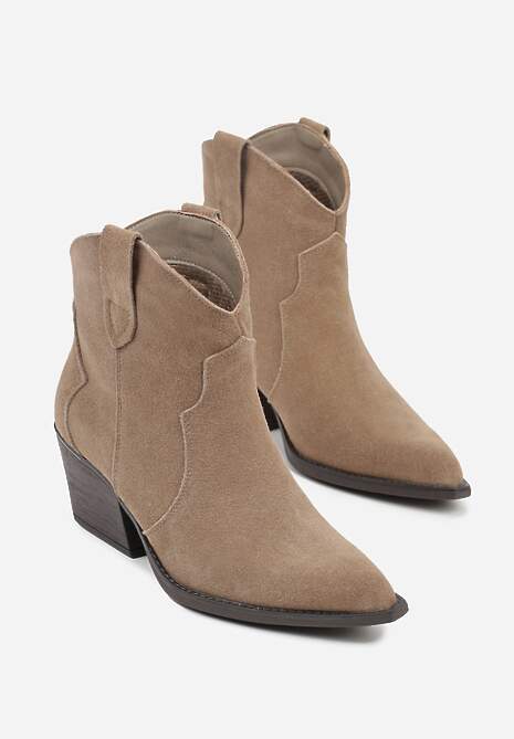 Ciemnobeżowe Botki Kowbojki na Stożku ze Skóry Naturalnej Liravetta