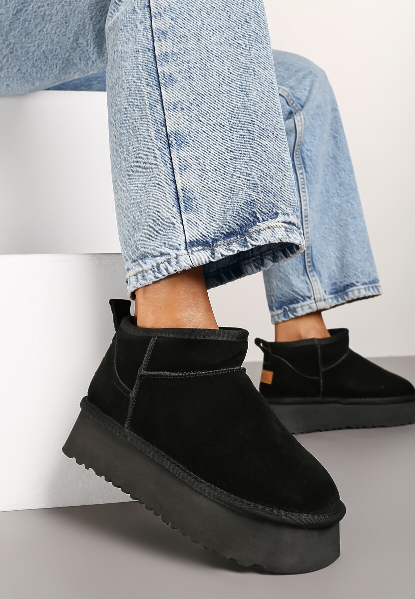 Czarne Śniegowce ze Skóry Naturalnej na Grubej Podeszwie Ocieplane Futerkiem Evorira