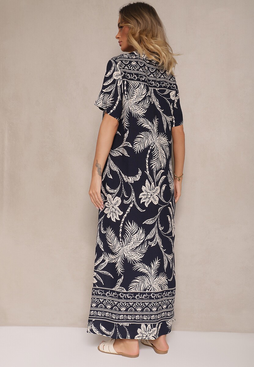 Granatowa Sukienka o Koszulowym Fasonie w Kwiaty z Wiskozy Erathia