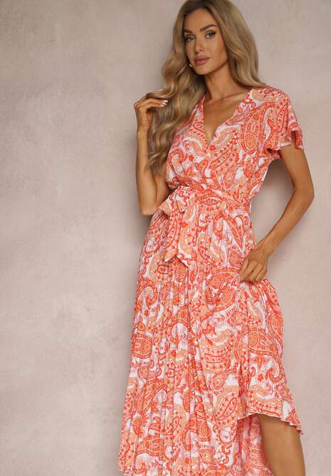 Pomarańczowa Rozkloszowana Sukienka z Trójkątnym Dekoltem z Materiałowym Paskiem i Gumką w Talii Carimi
