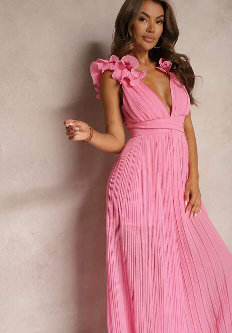 Różowy Taliowany Koktajlowy Kombinezon z Szerokimi Nogawkami Ozdobiony Falbanami Gealfrea