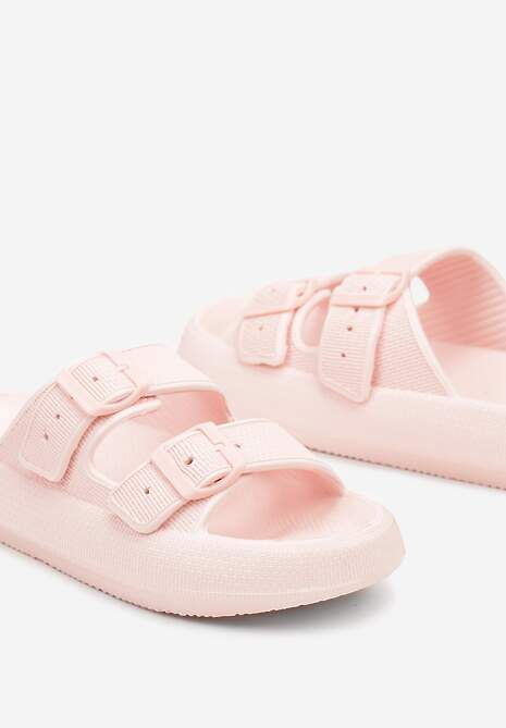 Jasnoróżowe Klapki na Płaskiej Podeszwie z Pianki Wykończone Paskami z Regulacją Nelsiana