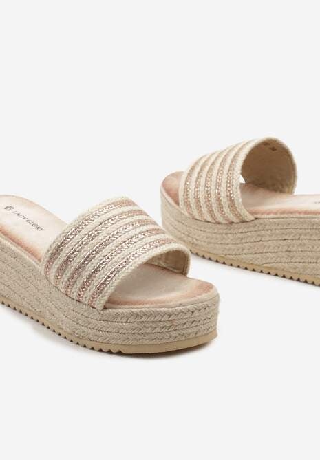 Szampańskie Klapki z Wyściółką z Ekozamszu na Koturnie Ozdobionym Plecionką  Fitesa