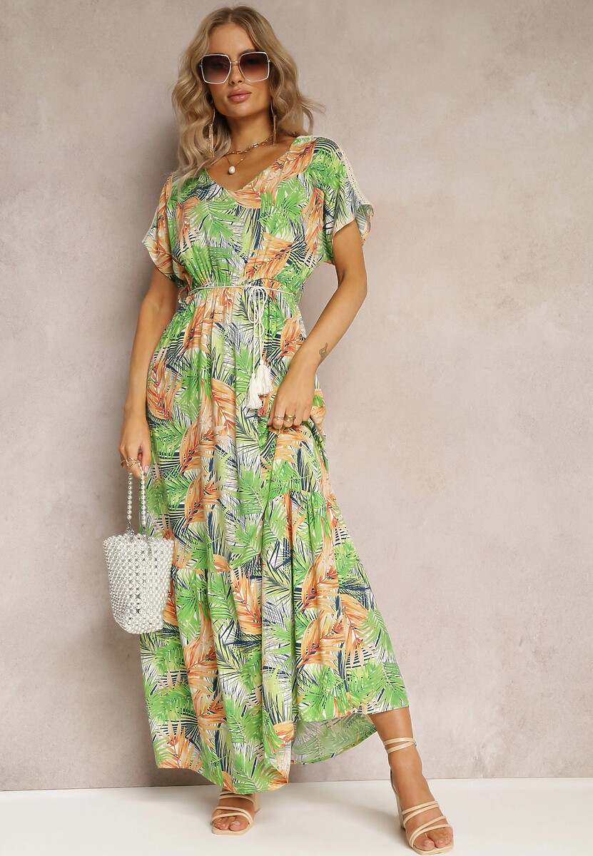 Zielono-Czarna Maxi Sukienka z Wiskozy w Kwiatowy Print ze Sznurkiem w Talii Anukka