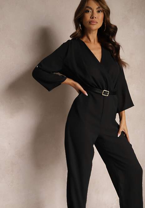 Czarny Długi Kombinezon z Marszczeniem i Kopertowym Dekoltem Jonitta