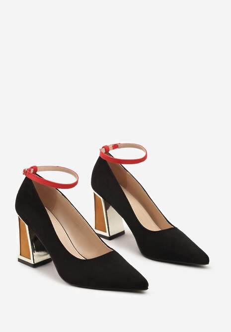 Czarne Czółenka na Słupku Ozdobione Paskiem i Metaliczną Aplikacją Lannethe