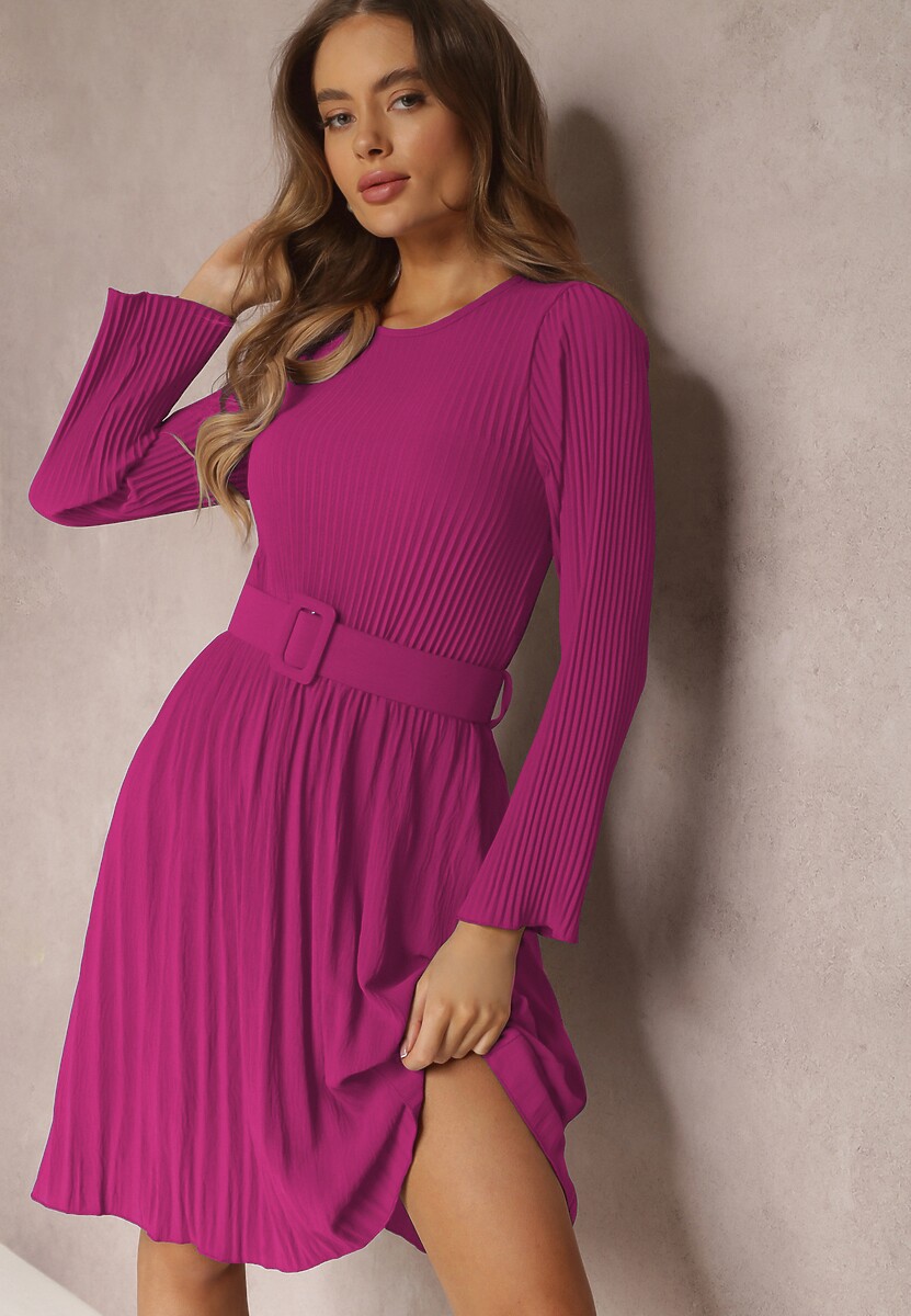 Ciemnofioletowa Sukienka Plisowana z Paskiem Phile
