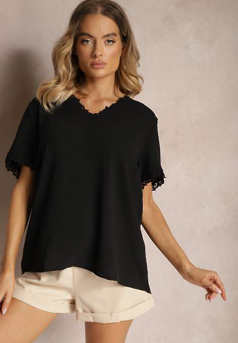Czarna Bluzka z Wykończeniami z Koronki i Dekoltem V Mallana